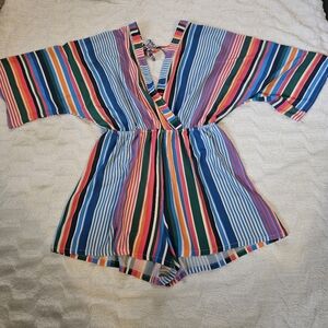 Flying Tomato Rainbow Fiesta wrap style oversized Sleeves Boho Romper Large